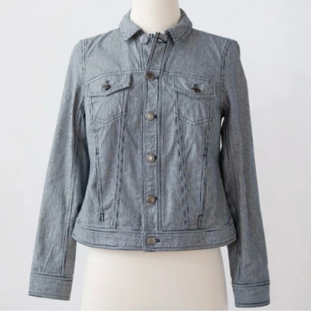 Talbots Petite Jean Jacket Blue White Railroad Thin Pinstripe Denim Collar Large - Picture 2 of 12